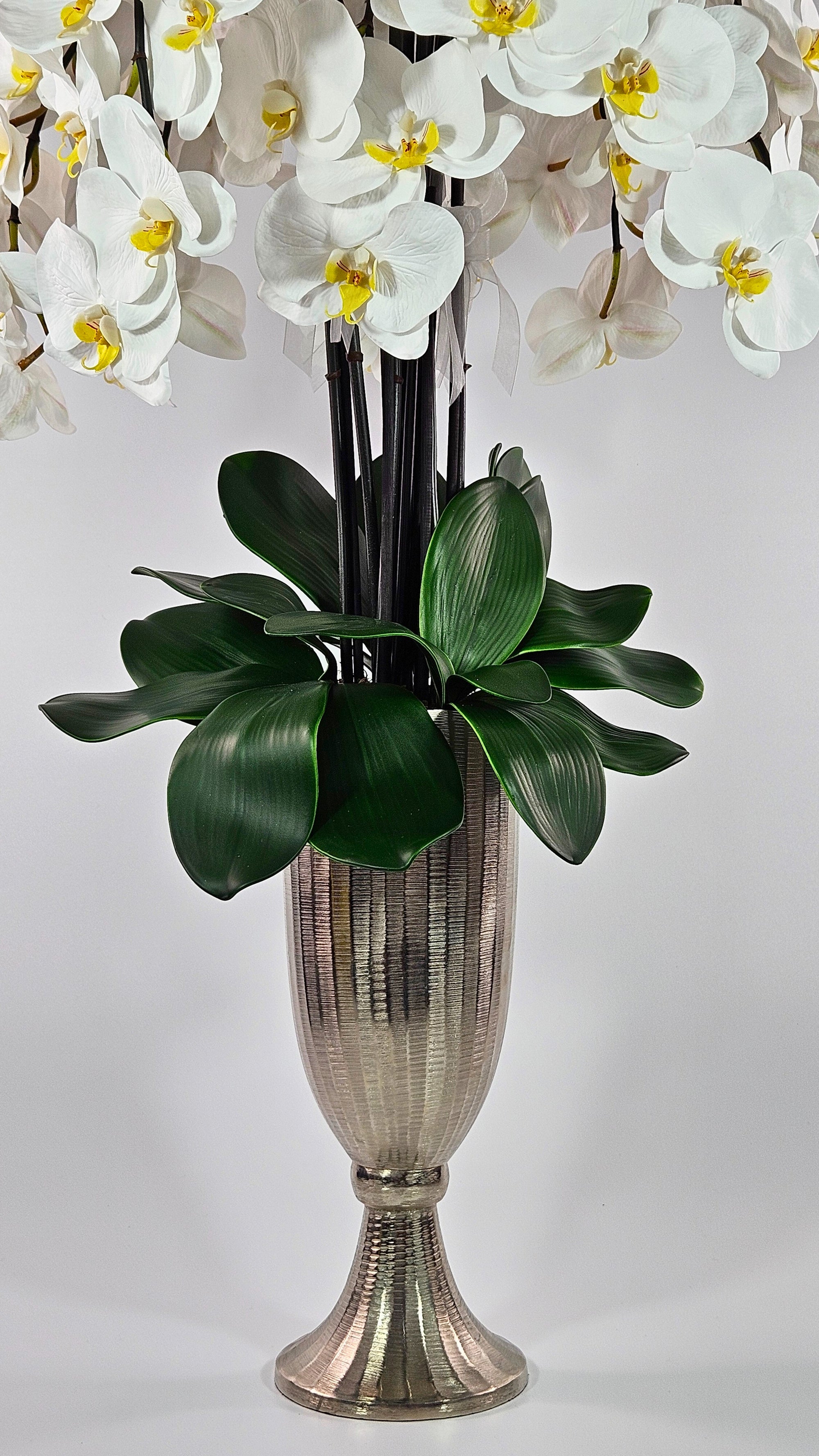 Luxury Full Bloom Highly Realistic White Orchid in Silver Metal Trophy Vase