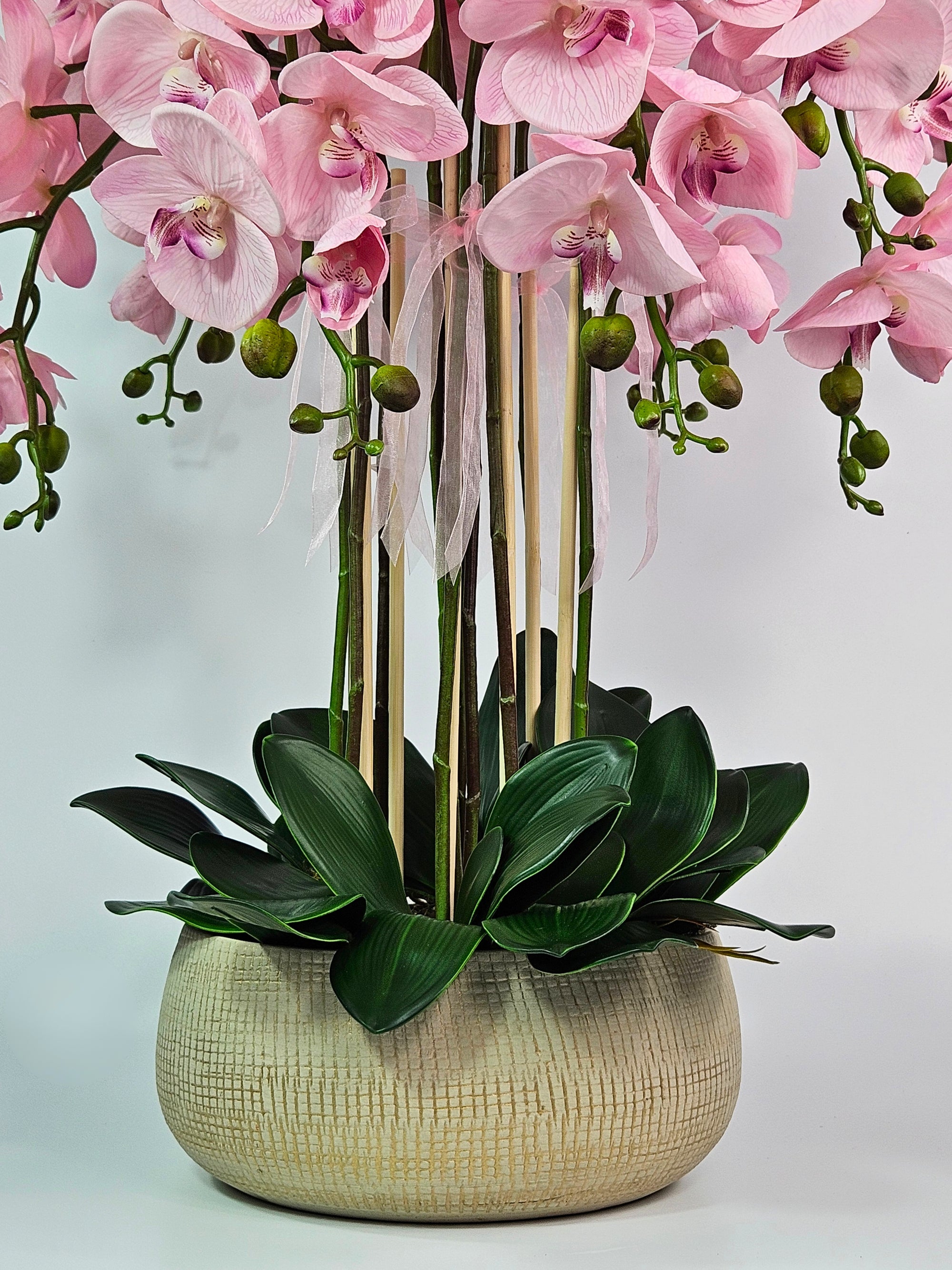 Luxury Real Touch Baby-Pink Orchid in Sand Gold Ceramic Planter