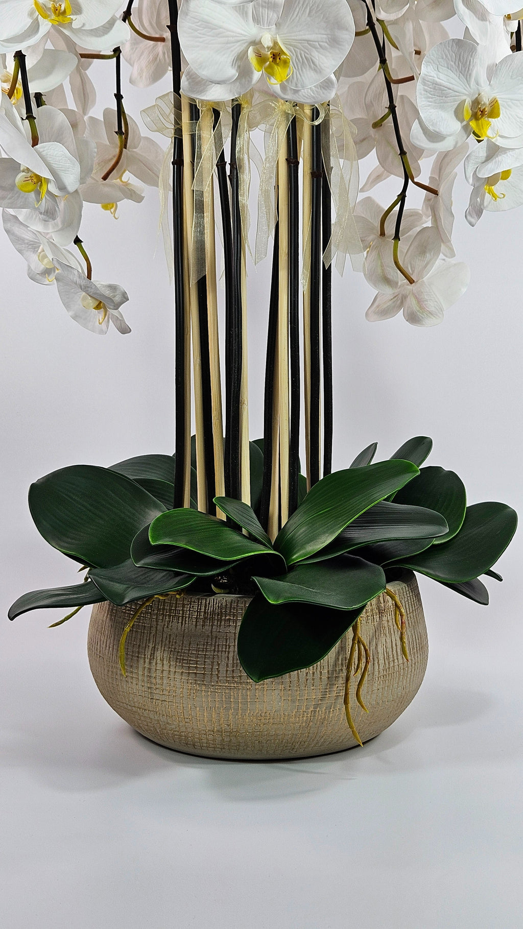 Luxury Full Bloom Highly Realistic White Orchid in Sand Gold Ceramic Planter