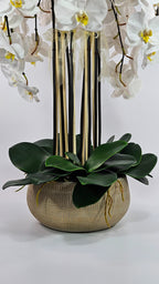 Luxury Full Bloom Highly Realistic White Orchid in Sand Gold Ceramic Planter
