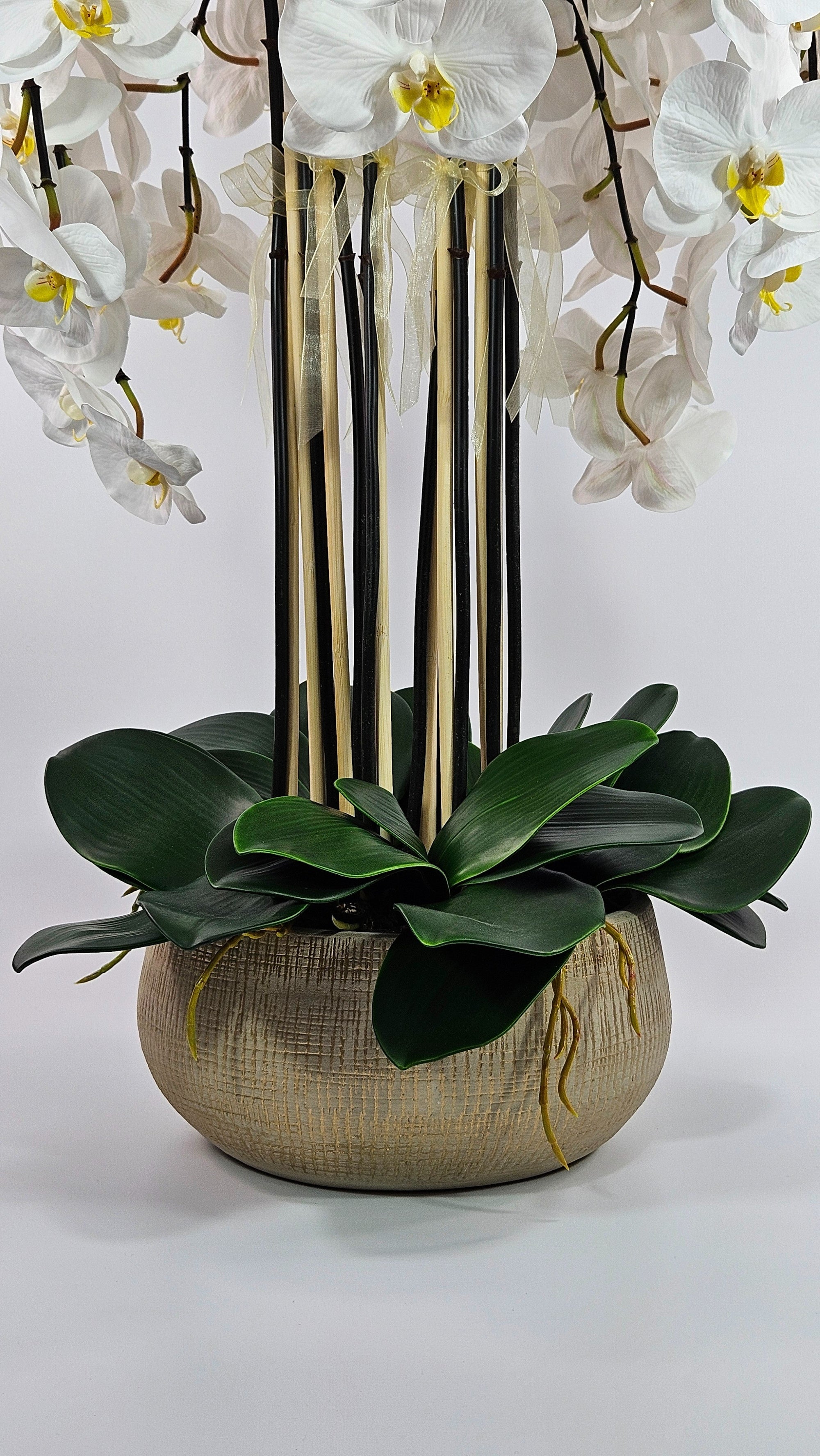 Luxury Full Bloom Highly Realistic White Orchid in Sand Gold Ceramic Planter