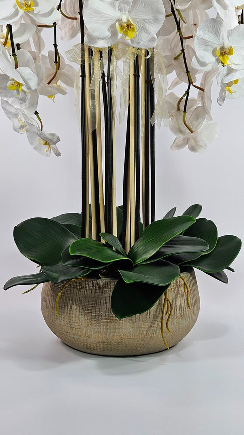 Luxury Full Bloom Highly Realistic White Orchid in Sand Gold Ceramic Planter