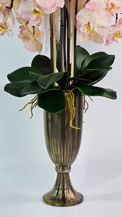 Luxury Full Bloom Highly Realistic Blush Pink Orchid in Bronze Metal Trophy Vase