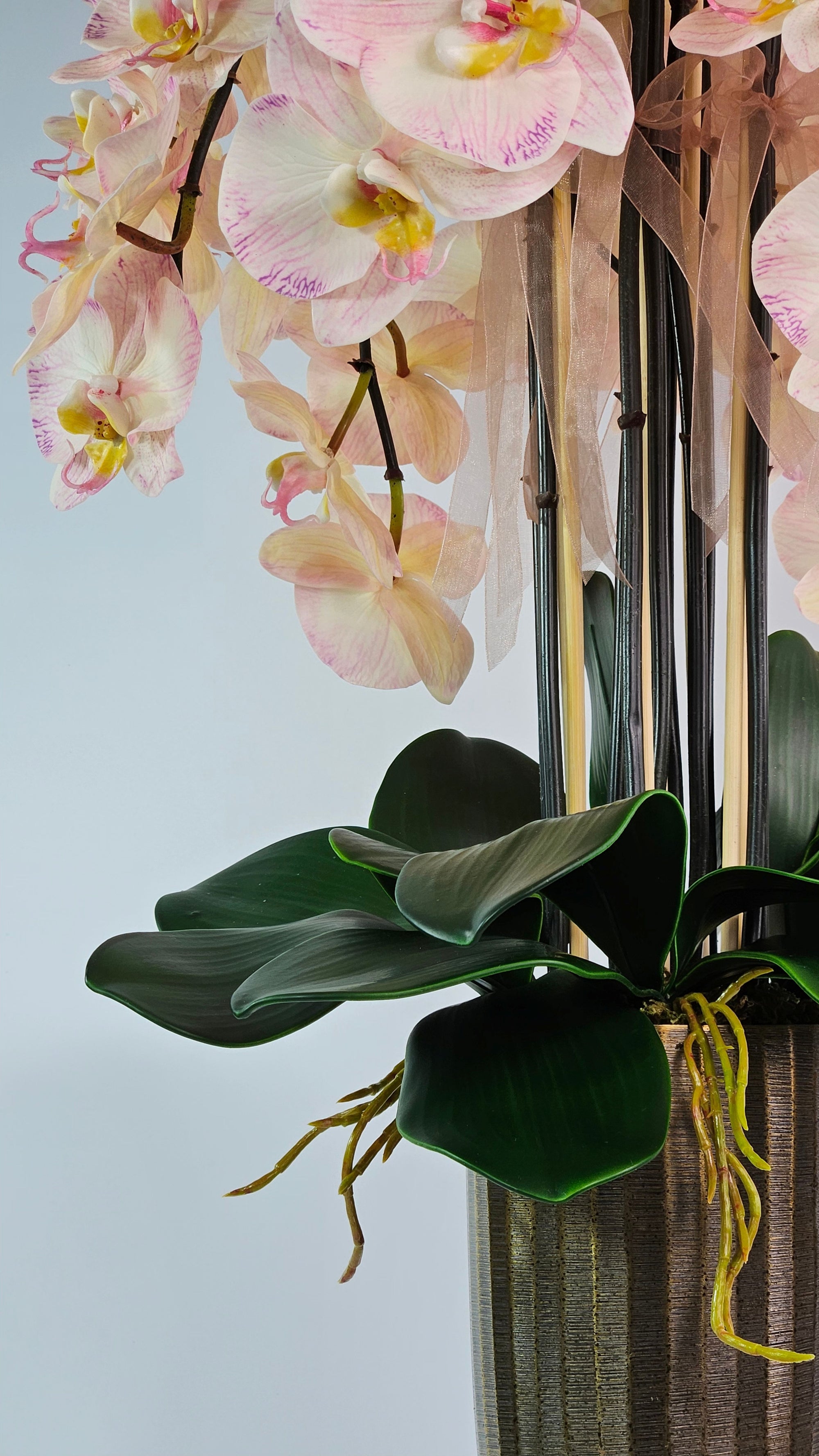 Luxury Full Bloom Highly Realistic Blush Pink Orchid in Bronze Metal Trophy Vase