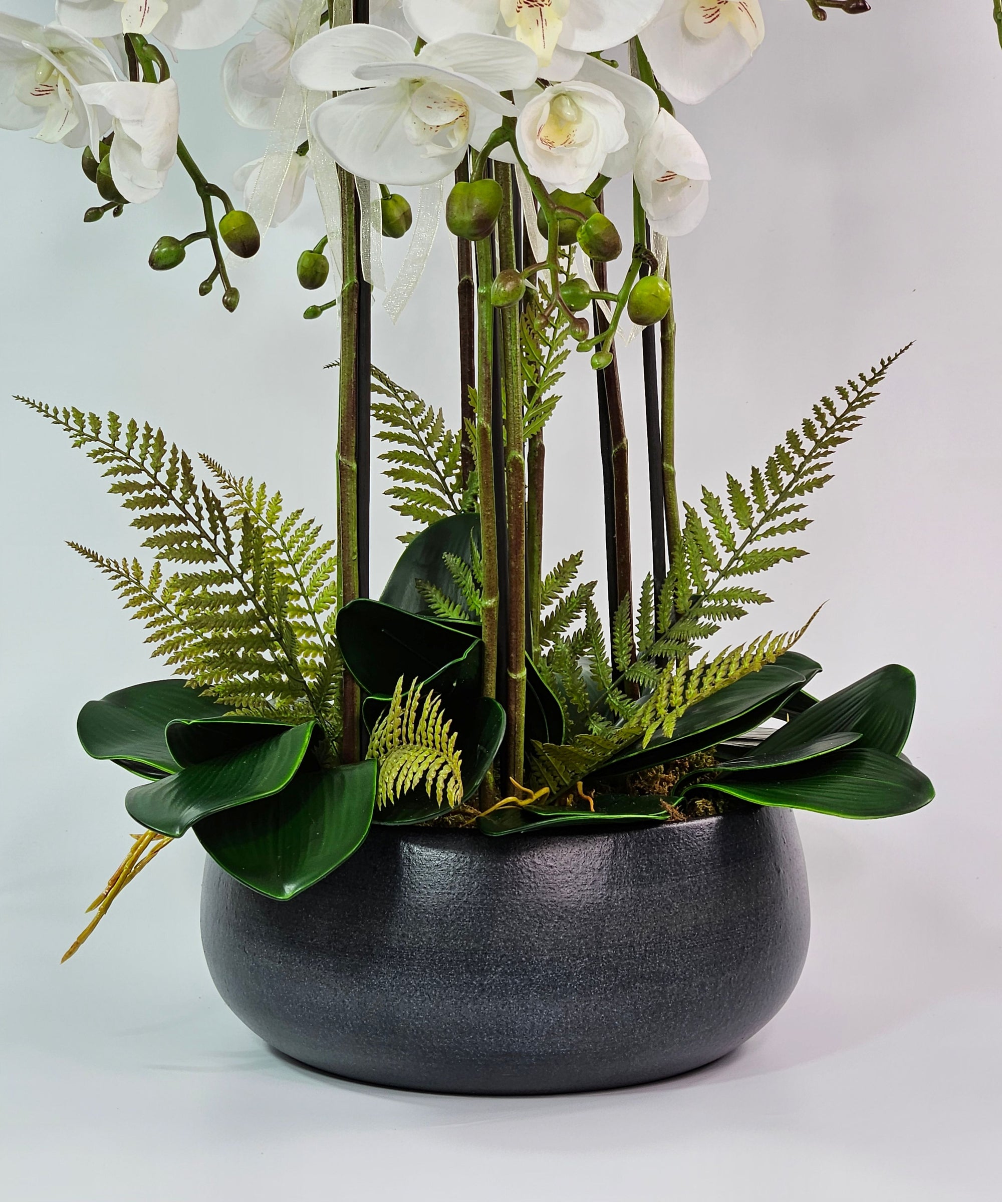 Luxury Real Touch Pure White Orchid in Graphite Ceramic Planter