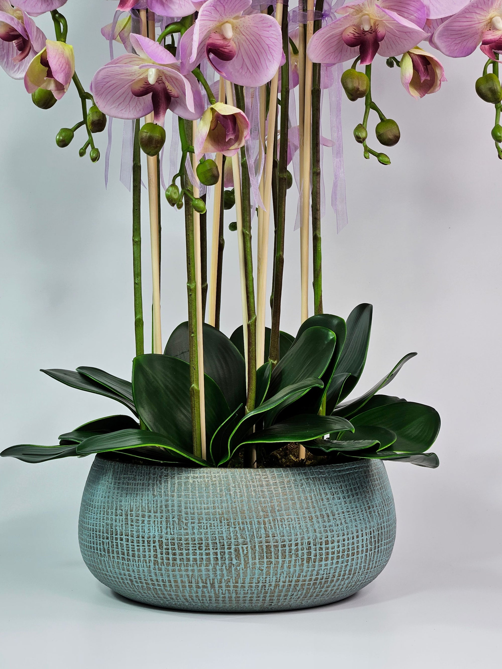 Luxury Real Touch Soft Lavender Orchid in Dusky Blue Ceramic Planter