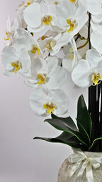 Luxury Full Bloom Highly Realistic White Orchid in Textured Ceramic Vase