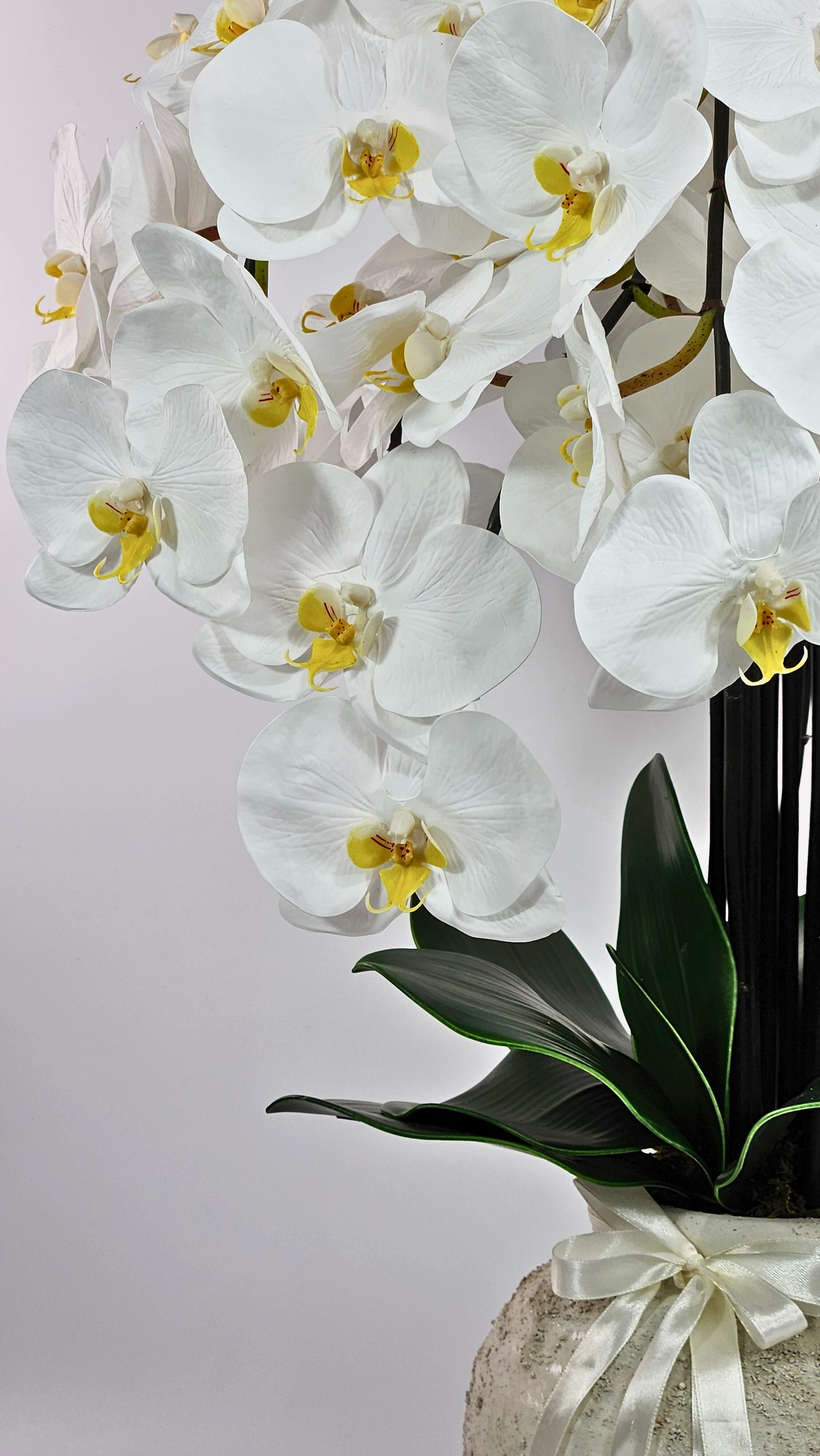 Luxury Full Bloom Highly Realistic White Orchid in Textured Ceramic Vase