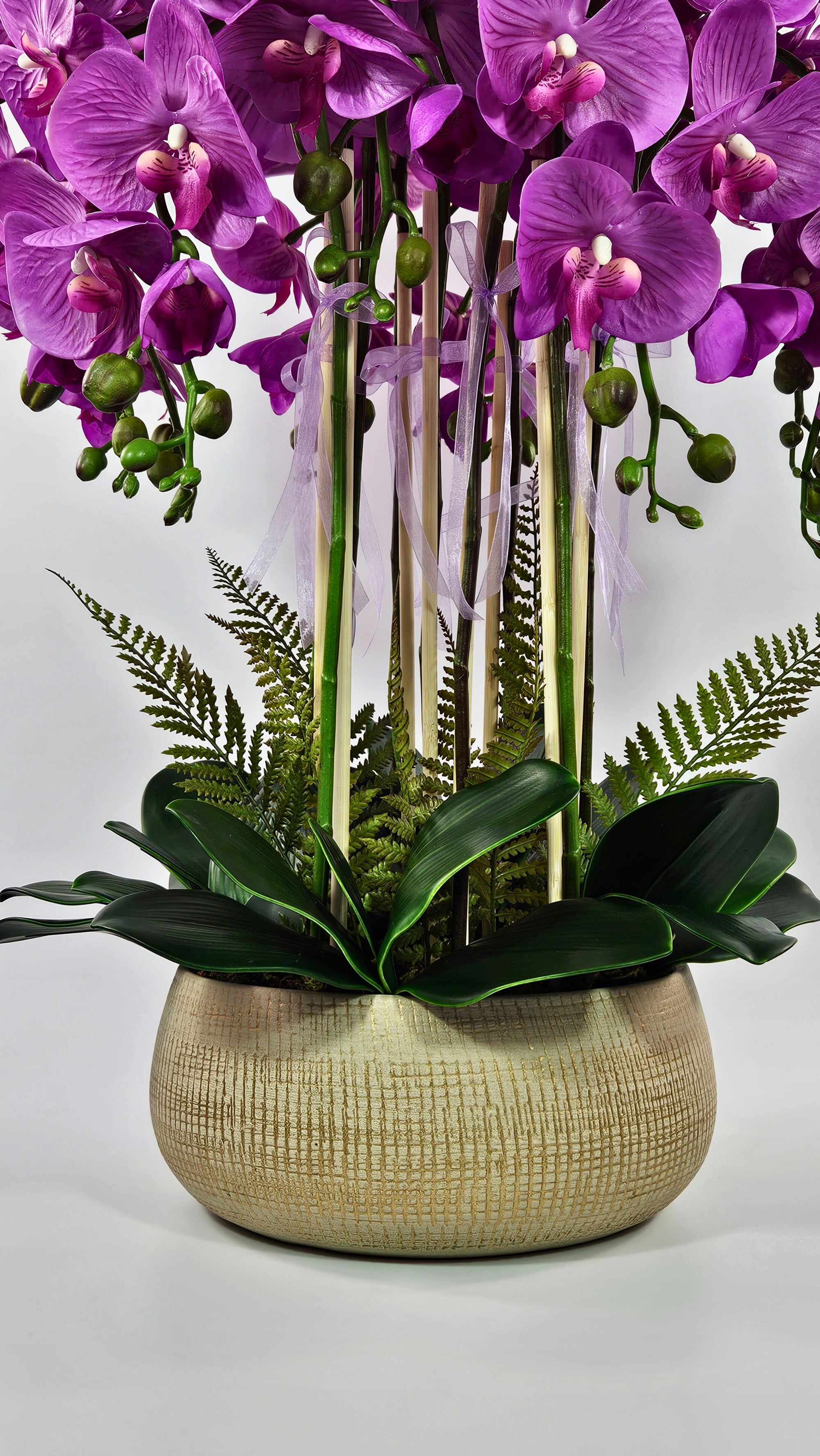 Luxury Real Touch Purple Orchid in Sand Gold Ceramic Planter