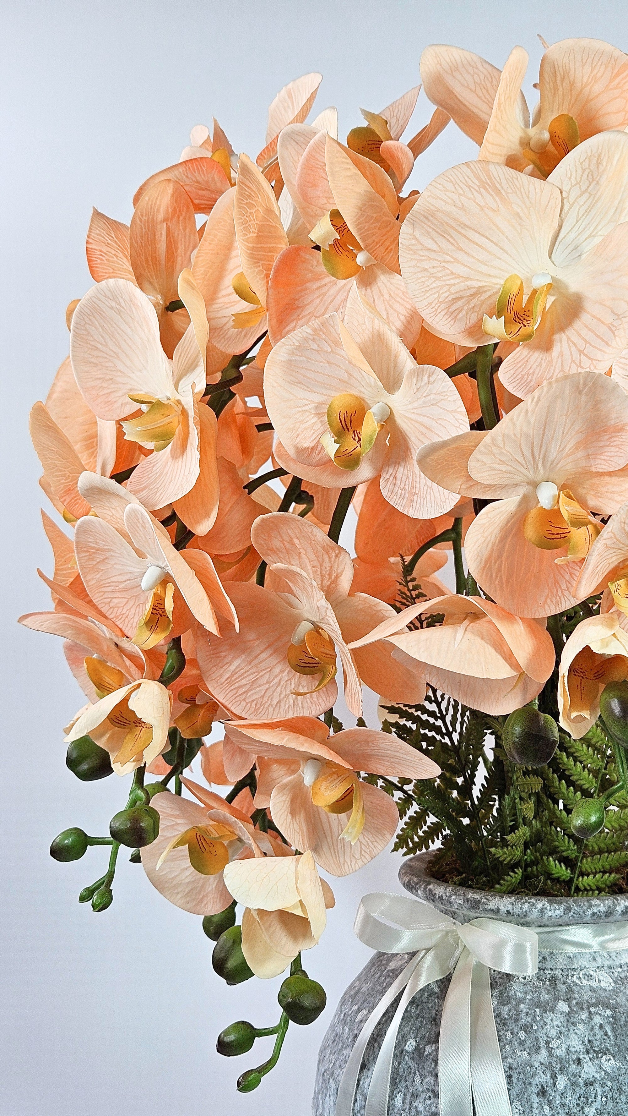 Luxury Real Touch Peach Orchid in Light Grey Ceramic Vase