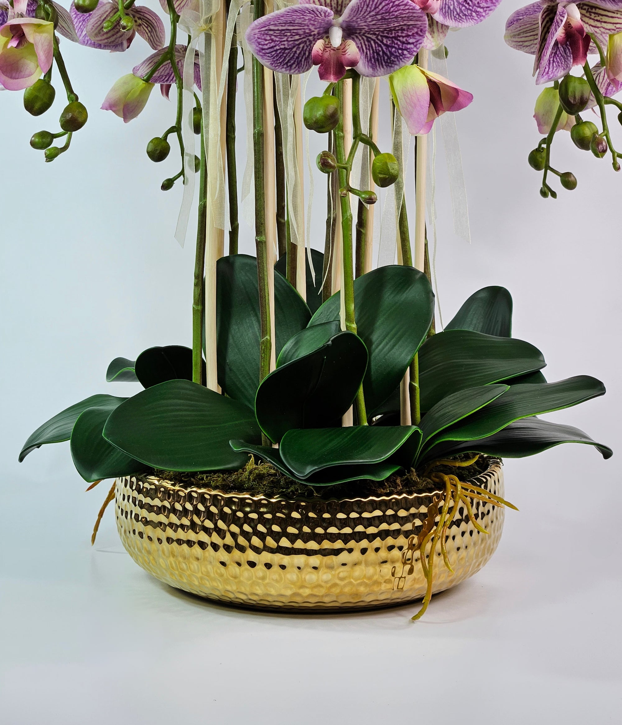 Luxury Real Touch Purple Striped Orchid in Shiny Gold Porcelain Planter