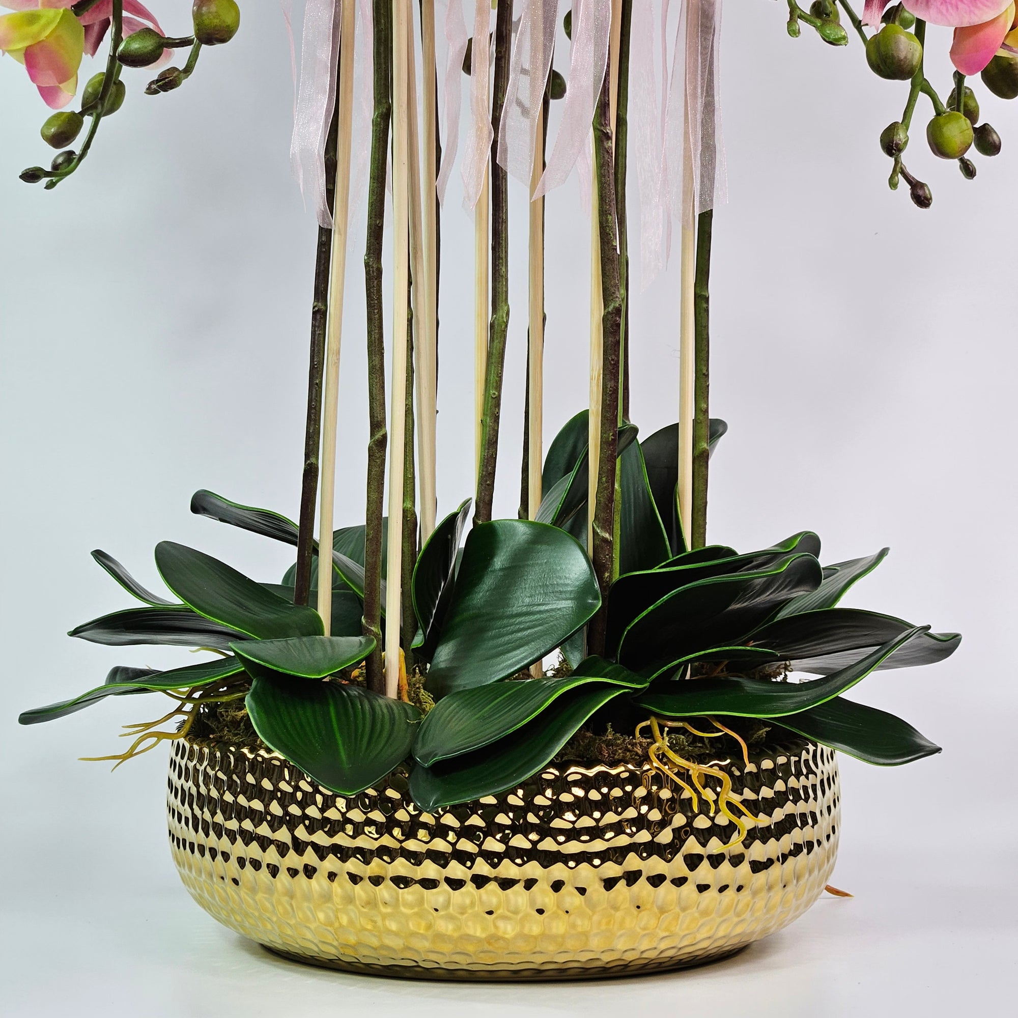 Luxury Real Touch Pink Orchid in Shiny Gold Porcelain Planter