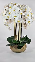 Luxury Full Bloom Highly Realistic White Orchid in Sand Gold Ceramic Planter
