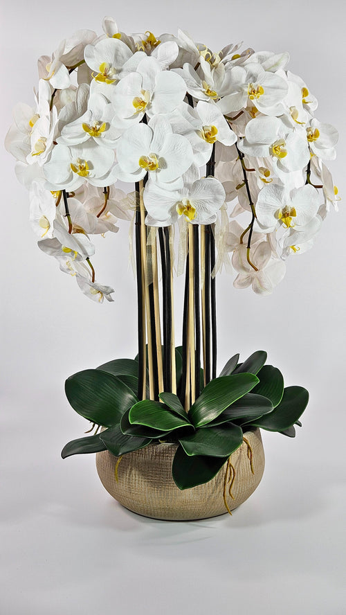 Luxury Full Bloom Highly Realistic White Orchid in Sand Gold Ceramic Planter
