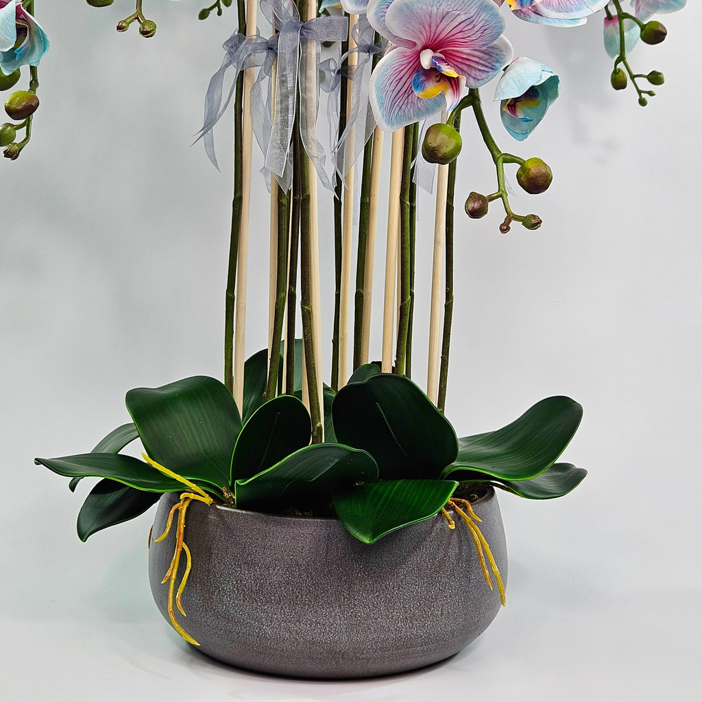 Luxury Real Touch Light Blue Orchid in Grey Ceramic Planter