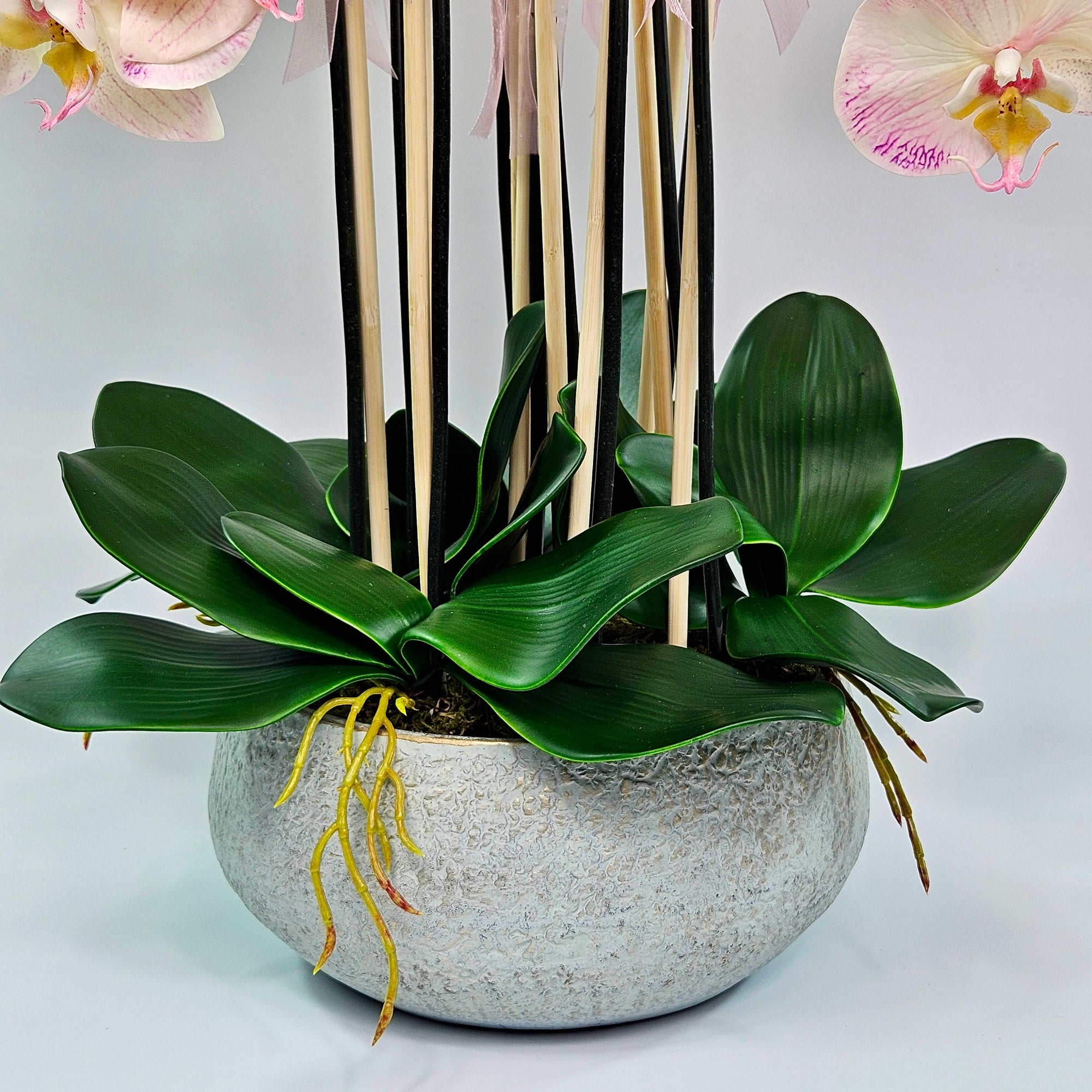 Luxury Full Bloom Highly Realistic Blush Pink Orchid in Metallic Grey Ceramic Planter