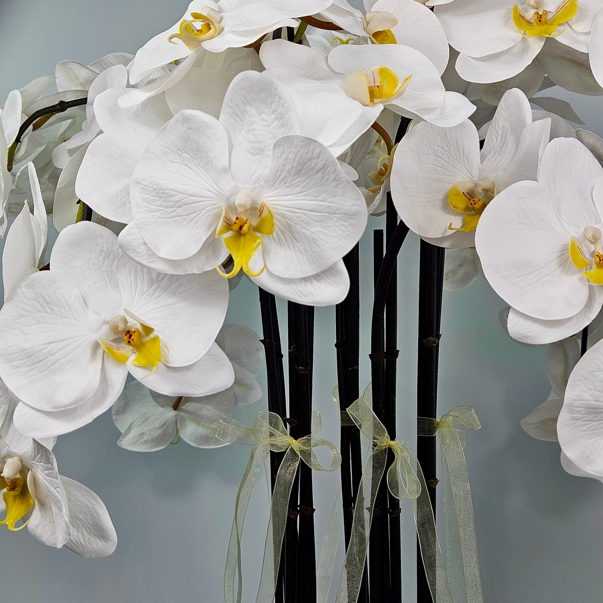 Luxury Full Bloom Highly Realistic White Orchid in Shiny Gold Porcelain Planter
