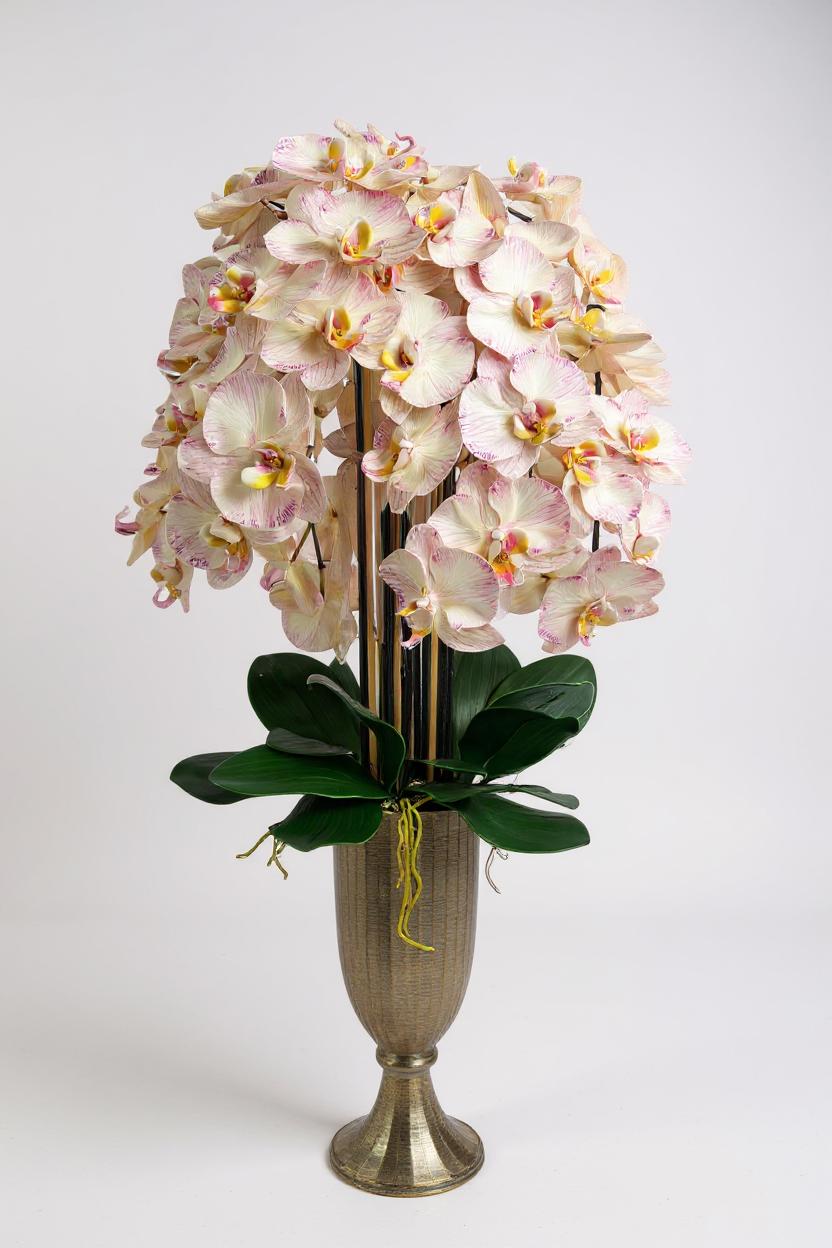 Luxury Full Bloom Highly Realistic Blush Pink Orchid in Bronze Metal Trophy Vase