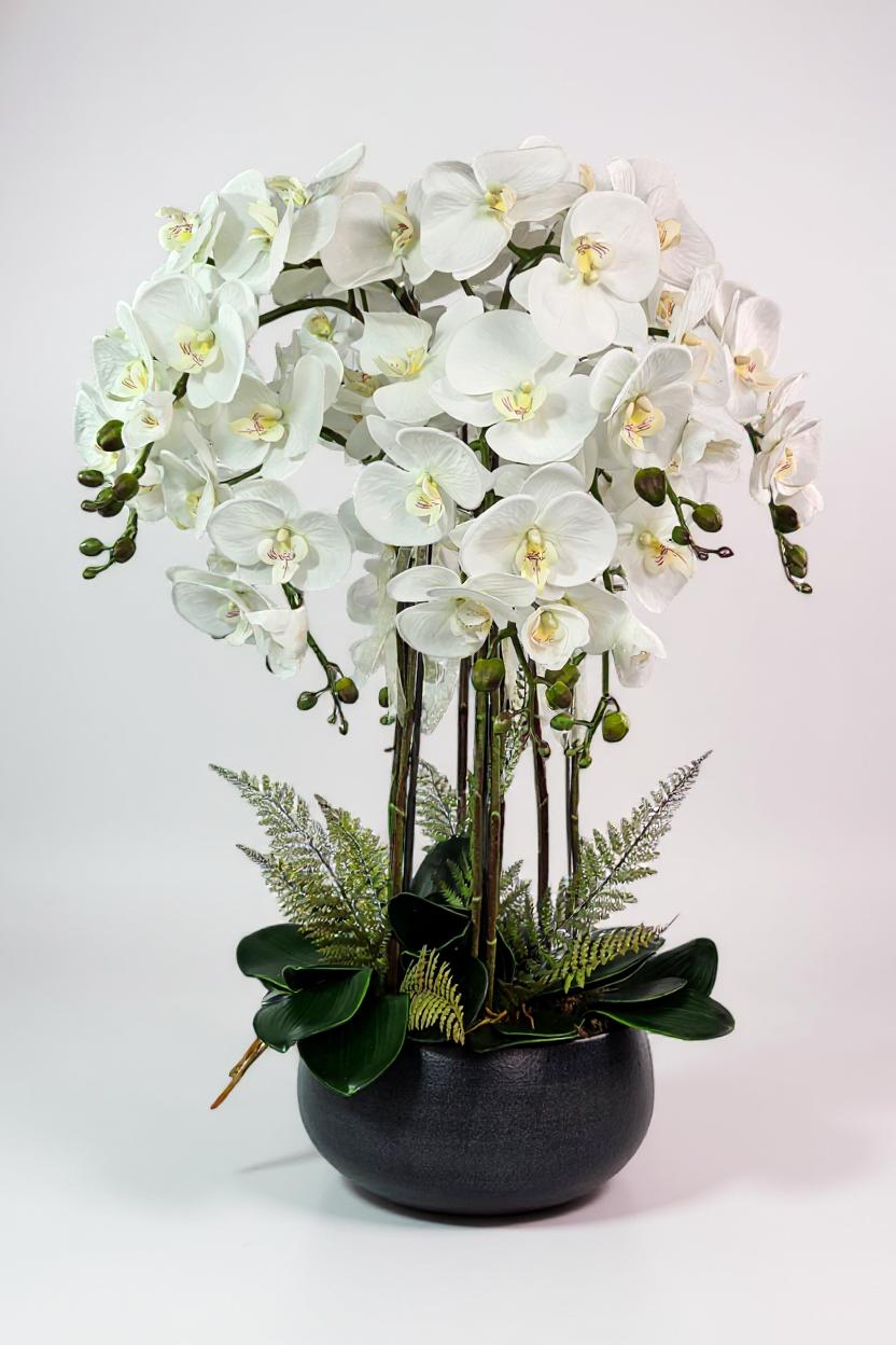 Luxury Real Touch Pure White Orchid in Graphite Ceramic Planter