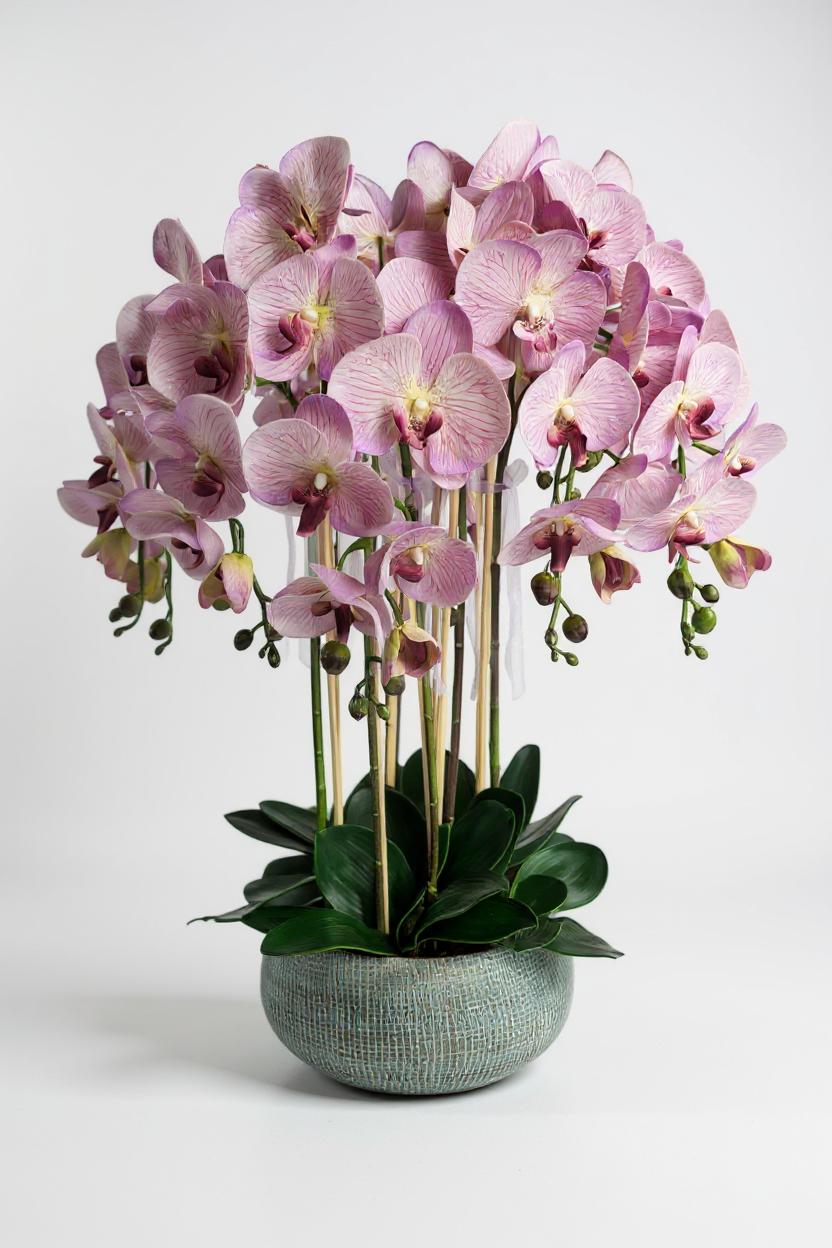 Luxury Real Touch Soft Lavender Orchid in Dusky Blue Ceramic Planter