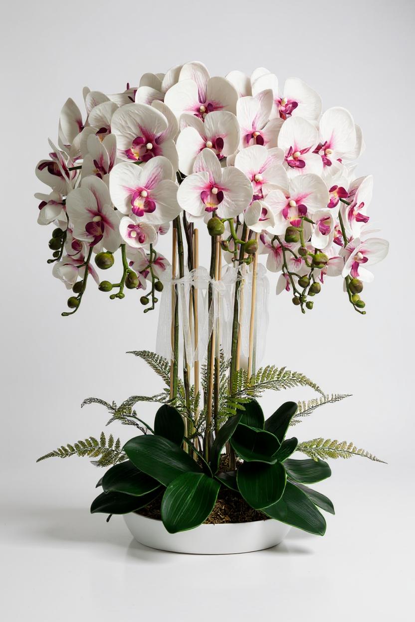 Luxury Real Touch White and Pink Orchid in Opal Glass Dish Planter