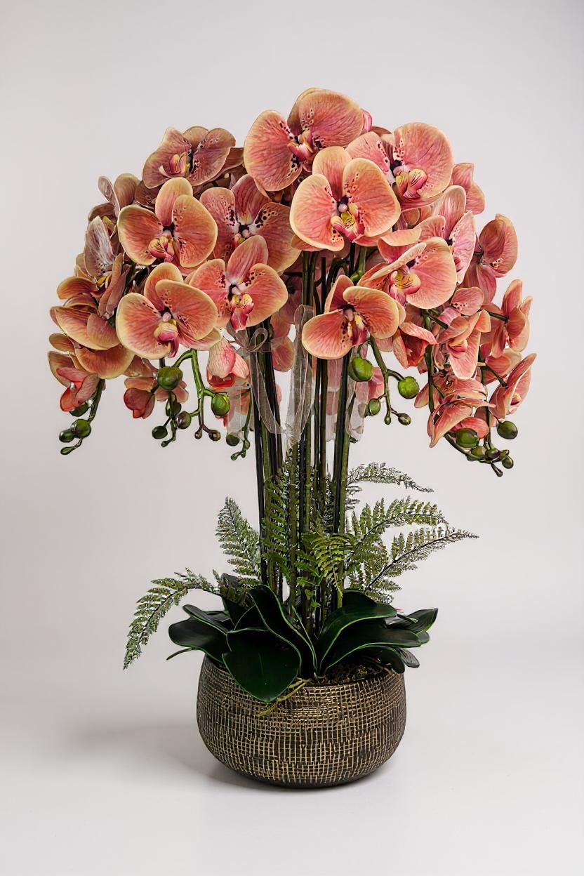 Luxury Real Touch Burnt Orange Orchid in Antique Golden Brown Ceramic Planter