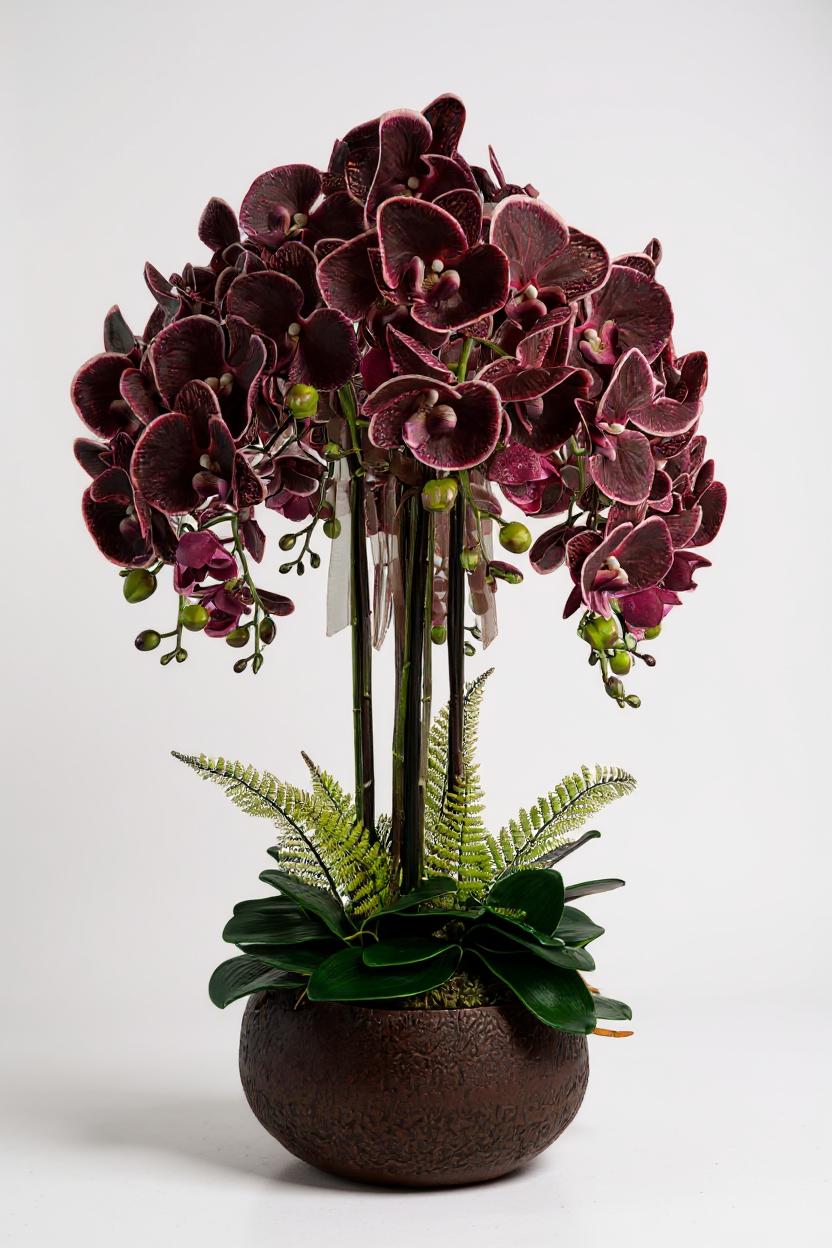 Luxury Real Touch Burgundy Orchid in Maroon Ceramic Planter