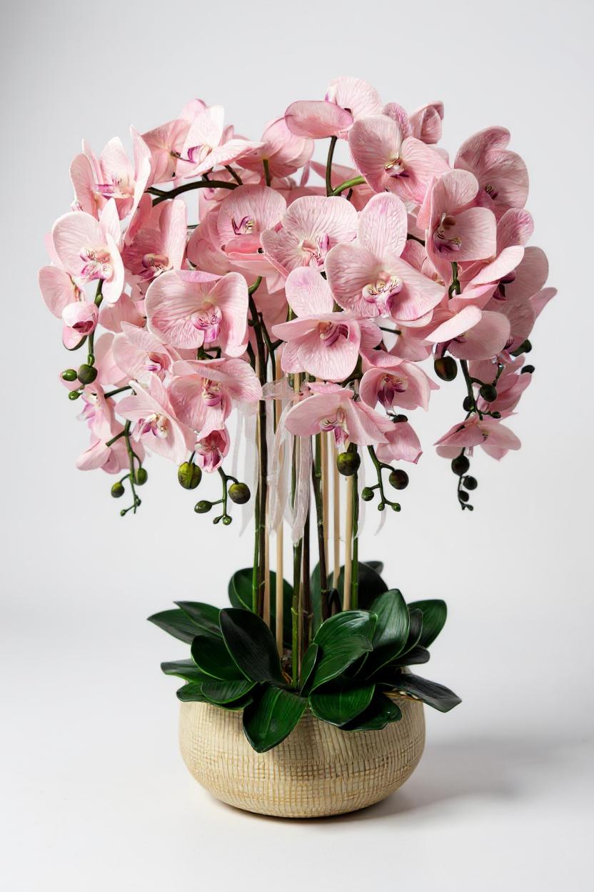 Luxury Real Touch Baby-Pink Orchid in Sand Gold Ceramic Planter