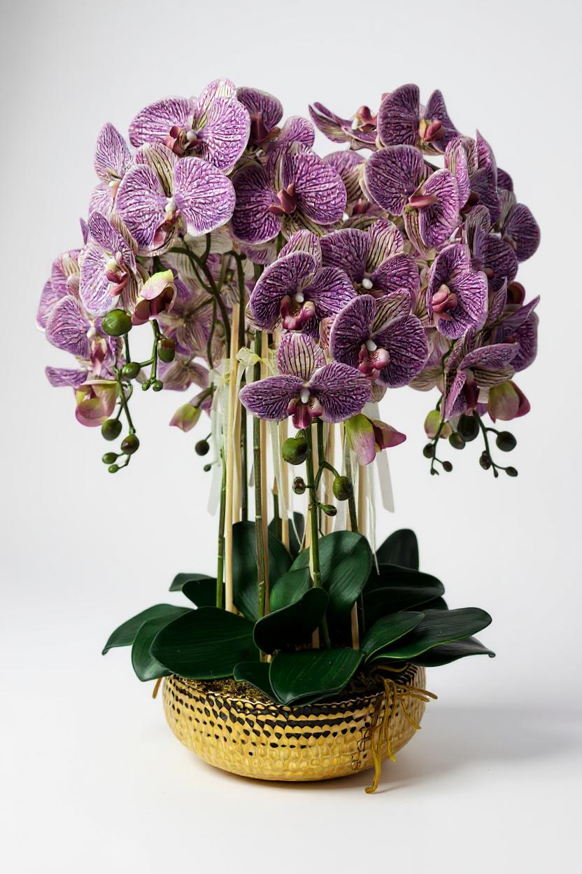 Luxury Real Touch Purple Striped Orchid in Shiny Gold Porcelain Planter