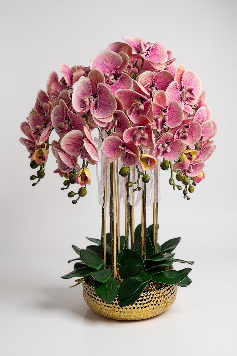 Luxury Real Touch Pink Orchid in Shiny Gold Porcelain Planter