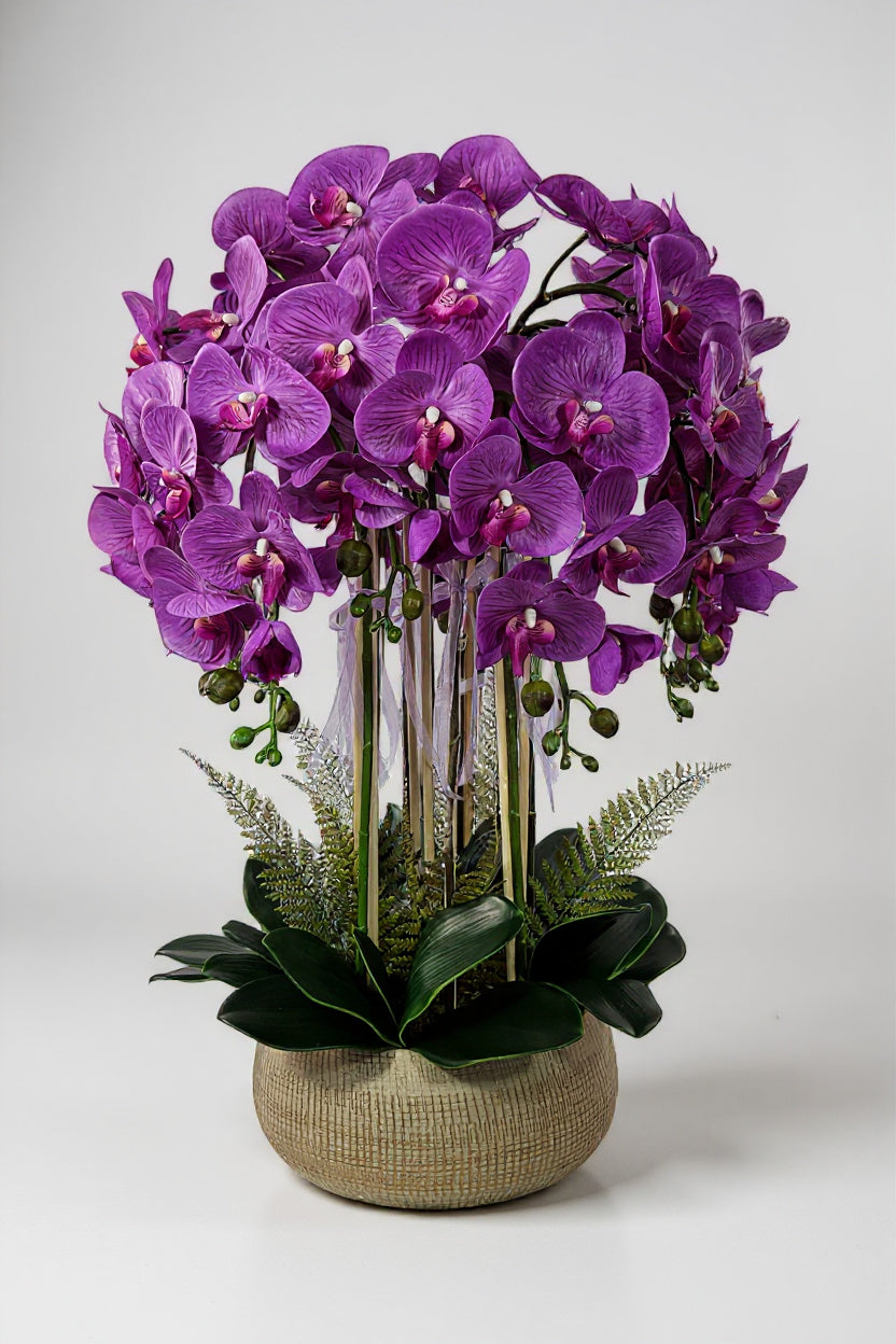 Luxury Real Touch Purple Orchid in Sand Gold Ceramic Planter