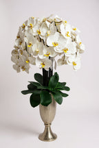 Luxury Full Bloom Highly Realistic White Orchid in Silver Metal Trophy Vase