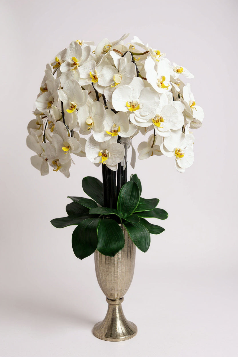 Luxury Full Bloom Highly Realistic White Orchid in Silver Metal Trophy Vase