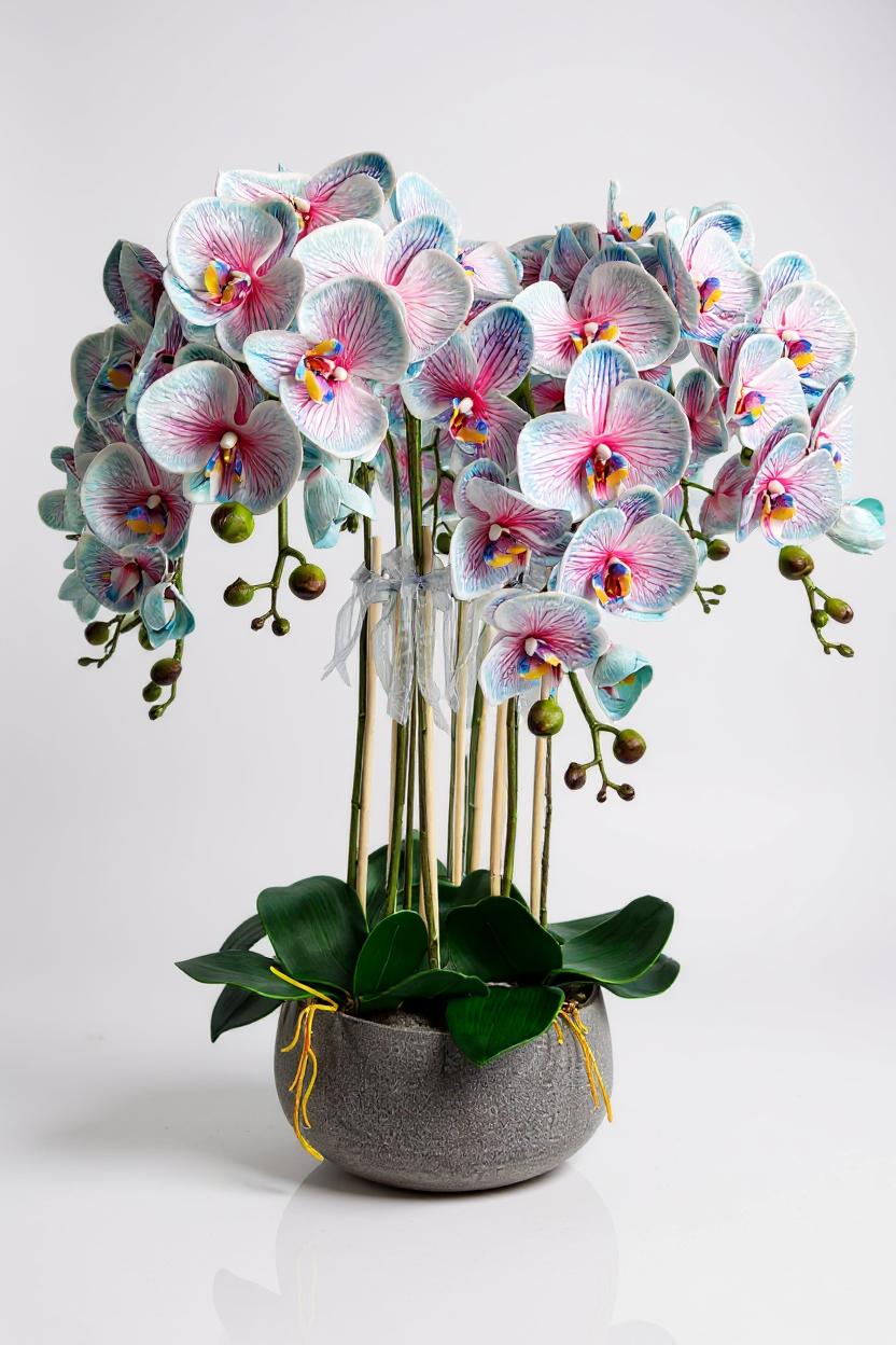 Luxury Real Touch Light Blue Orchid in Grey Ceramic Planter