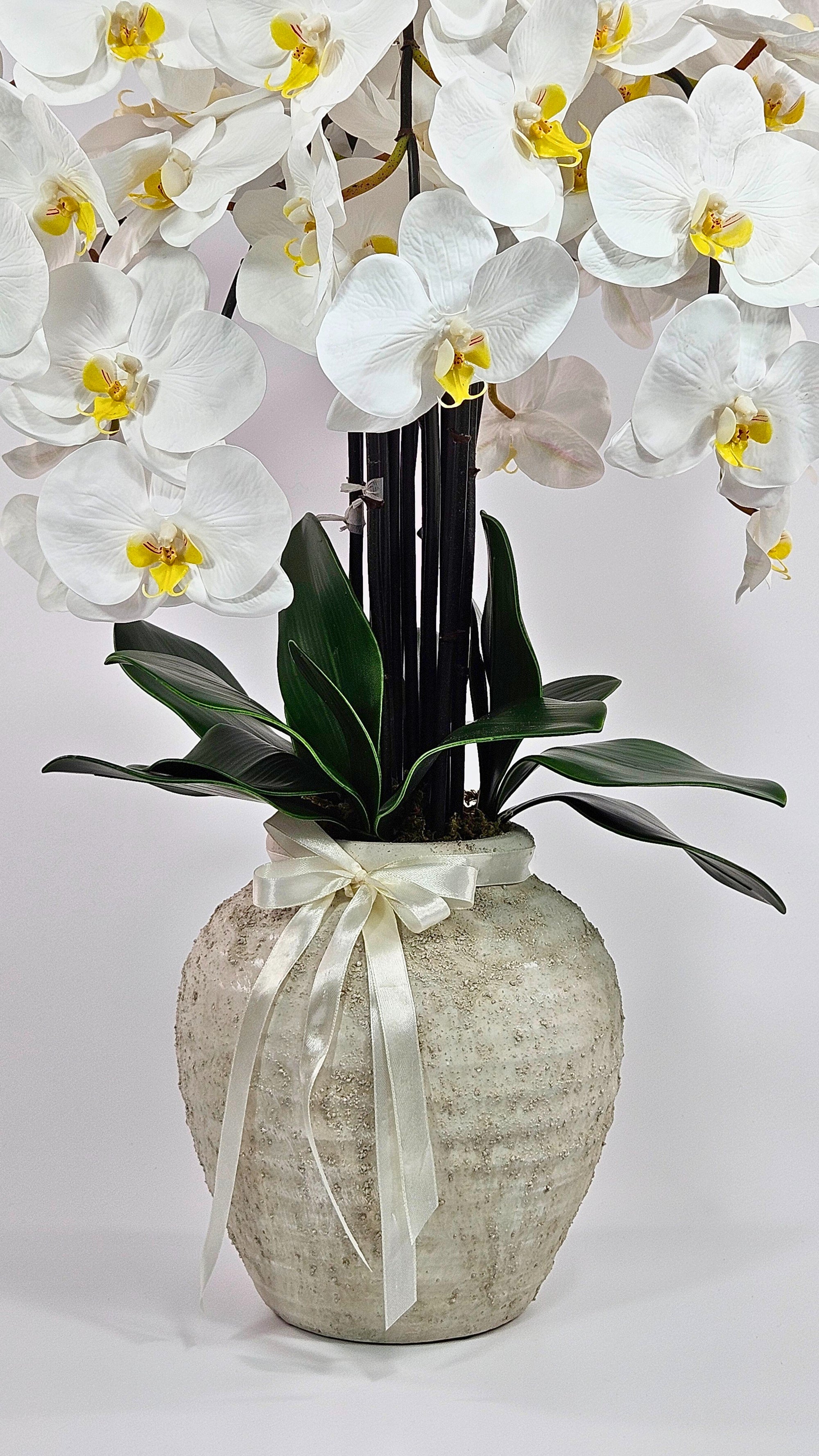 Luxury Full Bloom Highly Realistic White Orchid in Textured Ceramic Vase