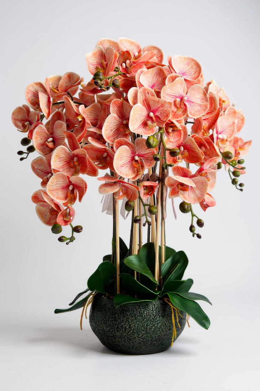 Luxury Real Touch Coral Orchid in Pine Green Ceramic Planter