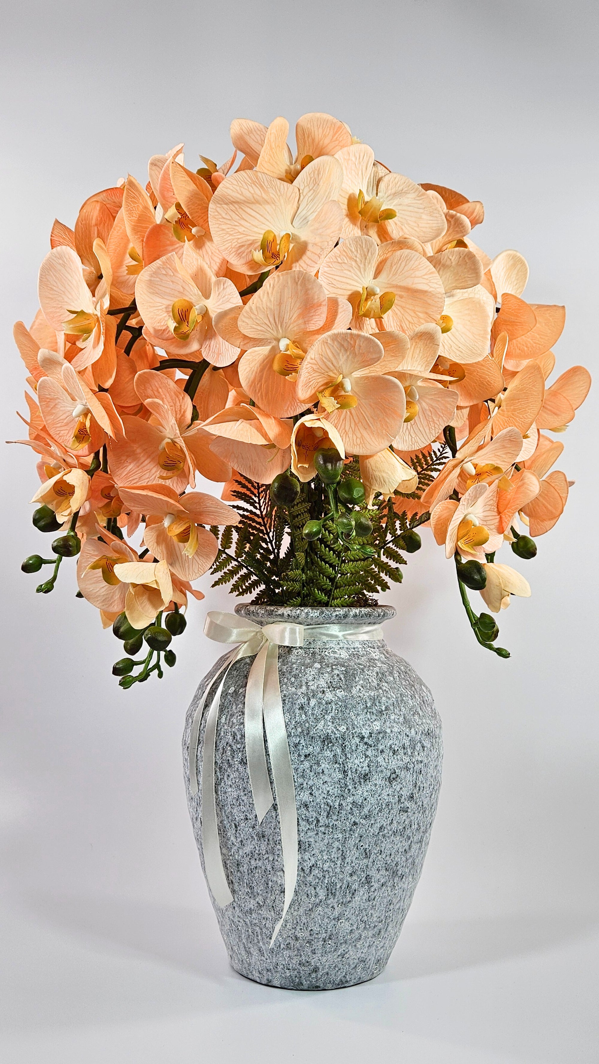 Luxury Real Touch Peach Orchid in Light Grey Ceramic Vase