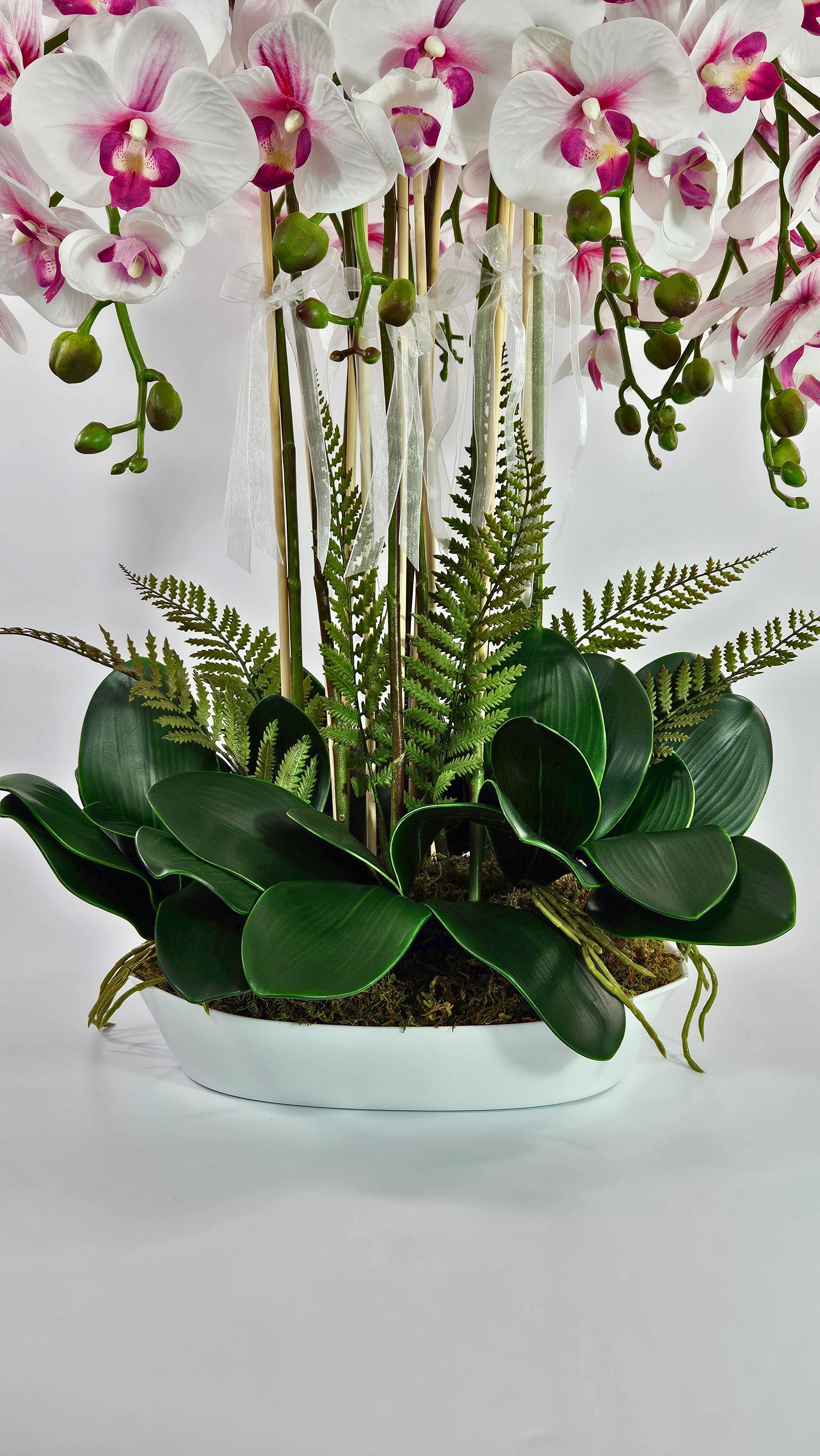 Luxury Real Touch White and Pink Orchid in Opal Glass Dish Planter
