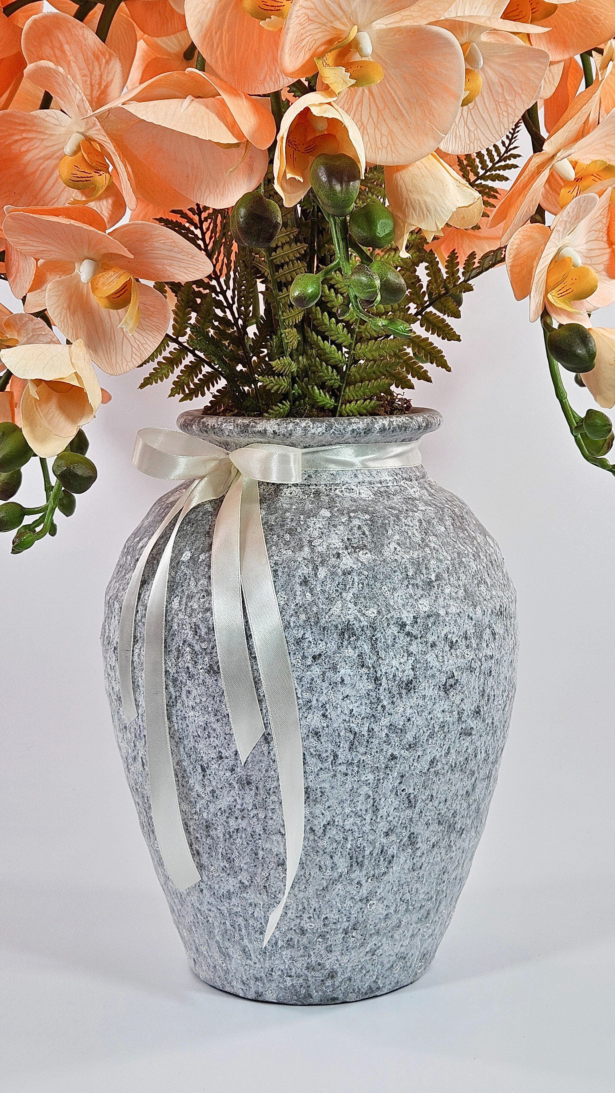 Luxury Real Touch Peach Orchid in Light Grey Ceramic Vase