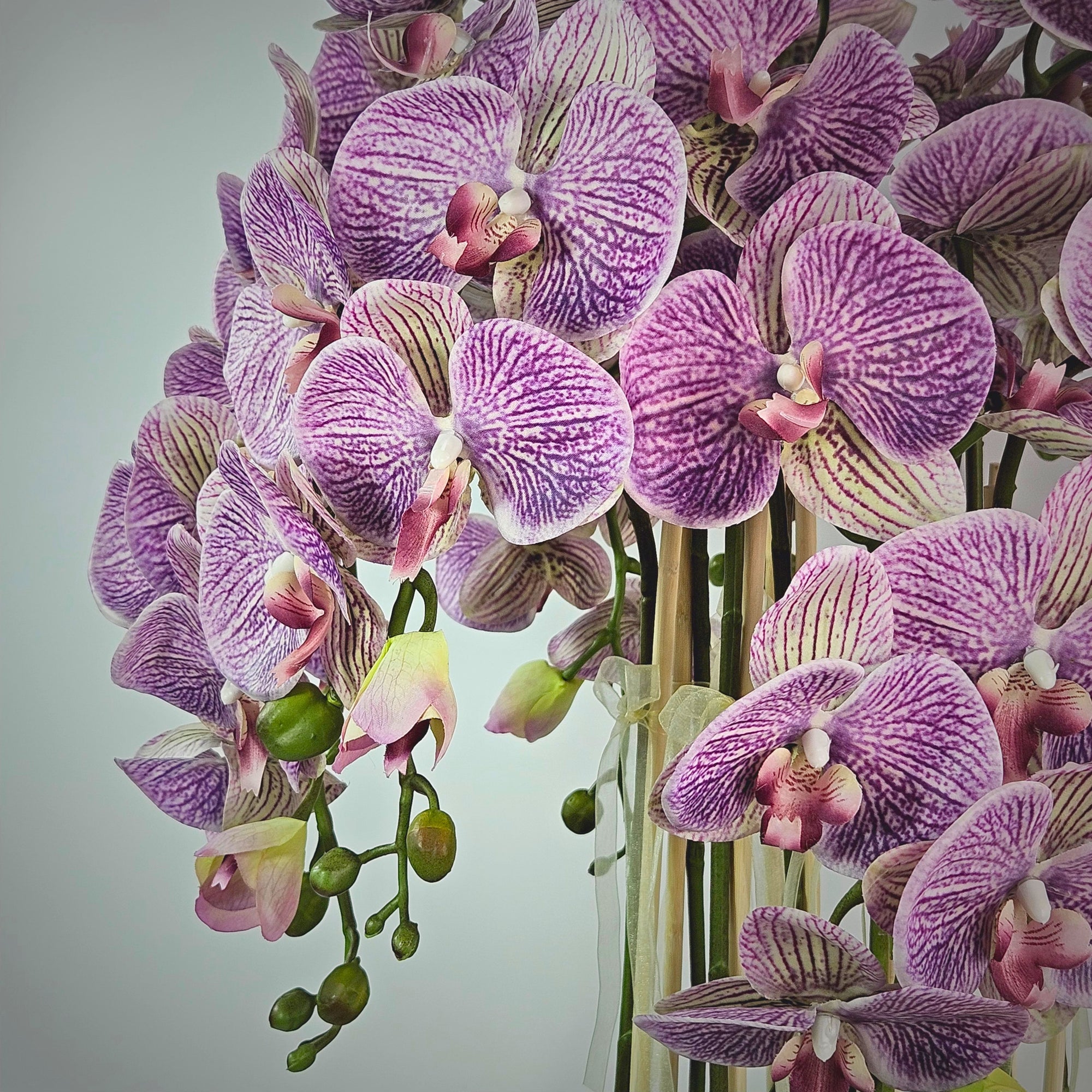 Luxury Real Touch Purple Striped Orchid in Shiny Gold Porcelain Planter