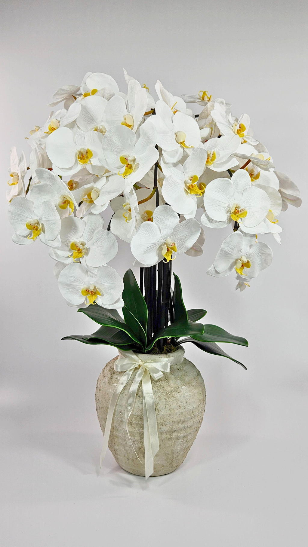 Luxury Full Bloom Highly Realistic White Orchid in Textured Ceramic Vase