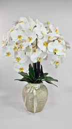 Luxury Full Bloom Highly Realistic White Orchid in Textured Ceramic Vase