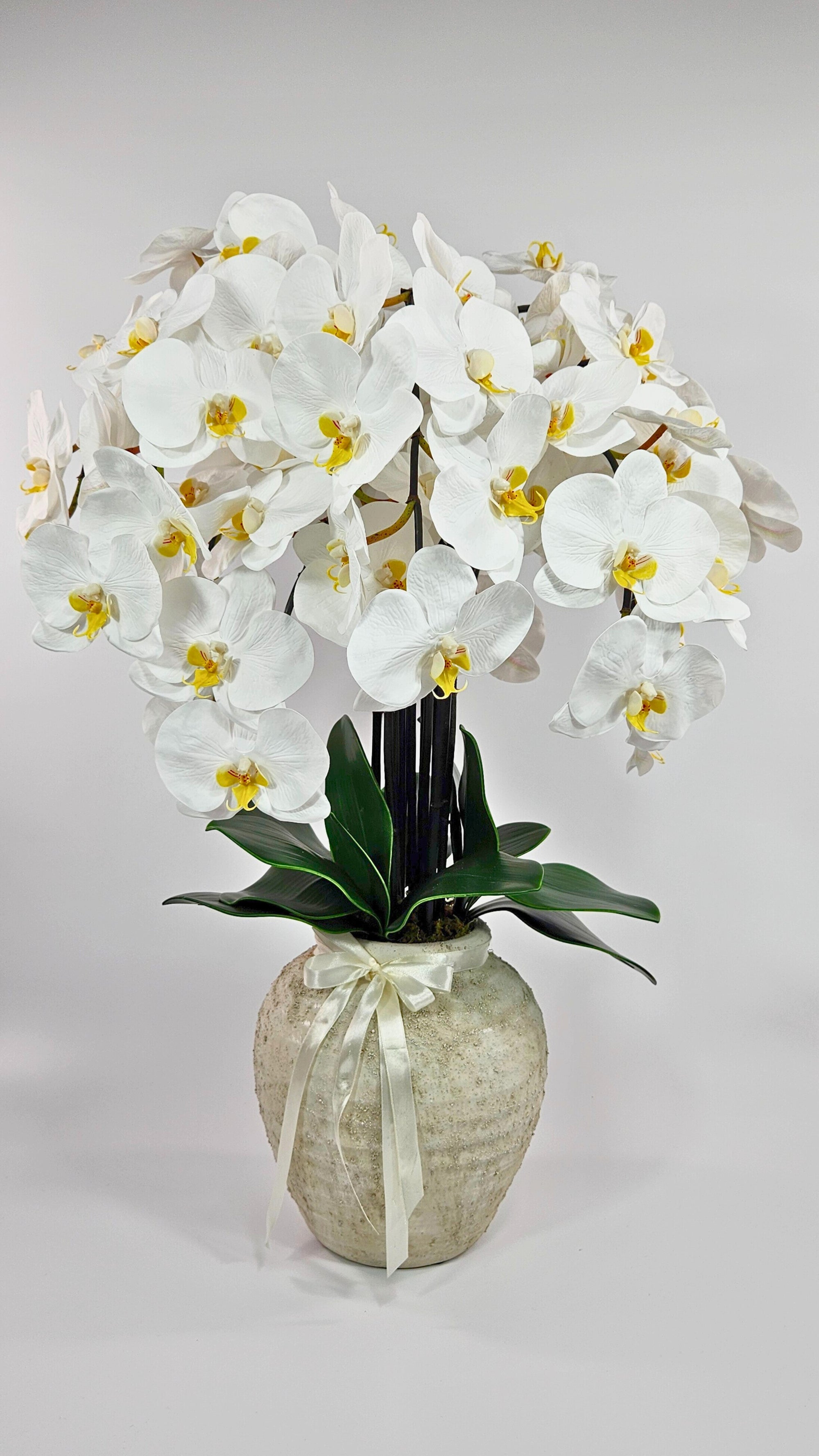Luxury Full Bloom Highly Realistic White Orchid in Textured Ceramic Vase