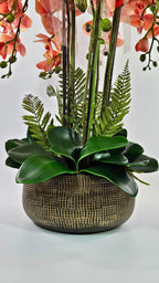 Luxury Real Touch Burnt Orange Orchid in Antique Golden Brown Ceramic Planter