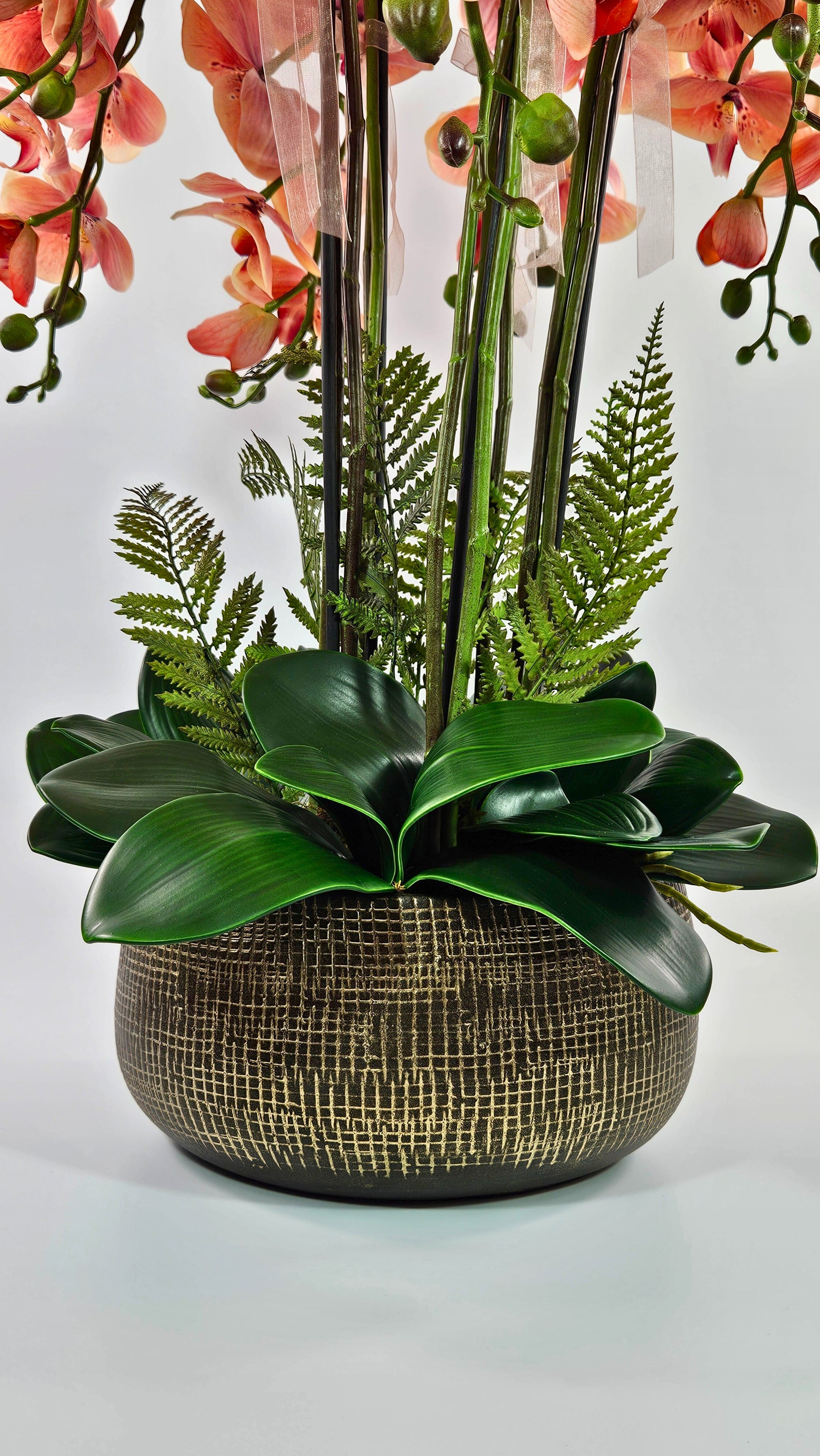 Luxury Real Touch Burnt Orange Orchid in Antique Golden Brown Ceramic Planter