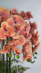 Luxury Real Touch Burnt Orange Orchid in Antique Golden Brown Ceramic Planter