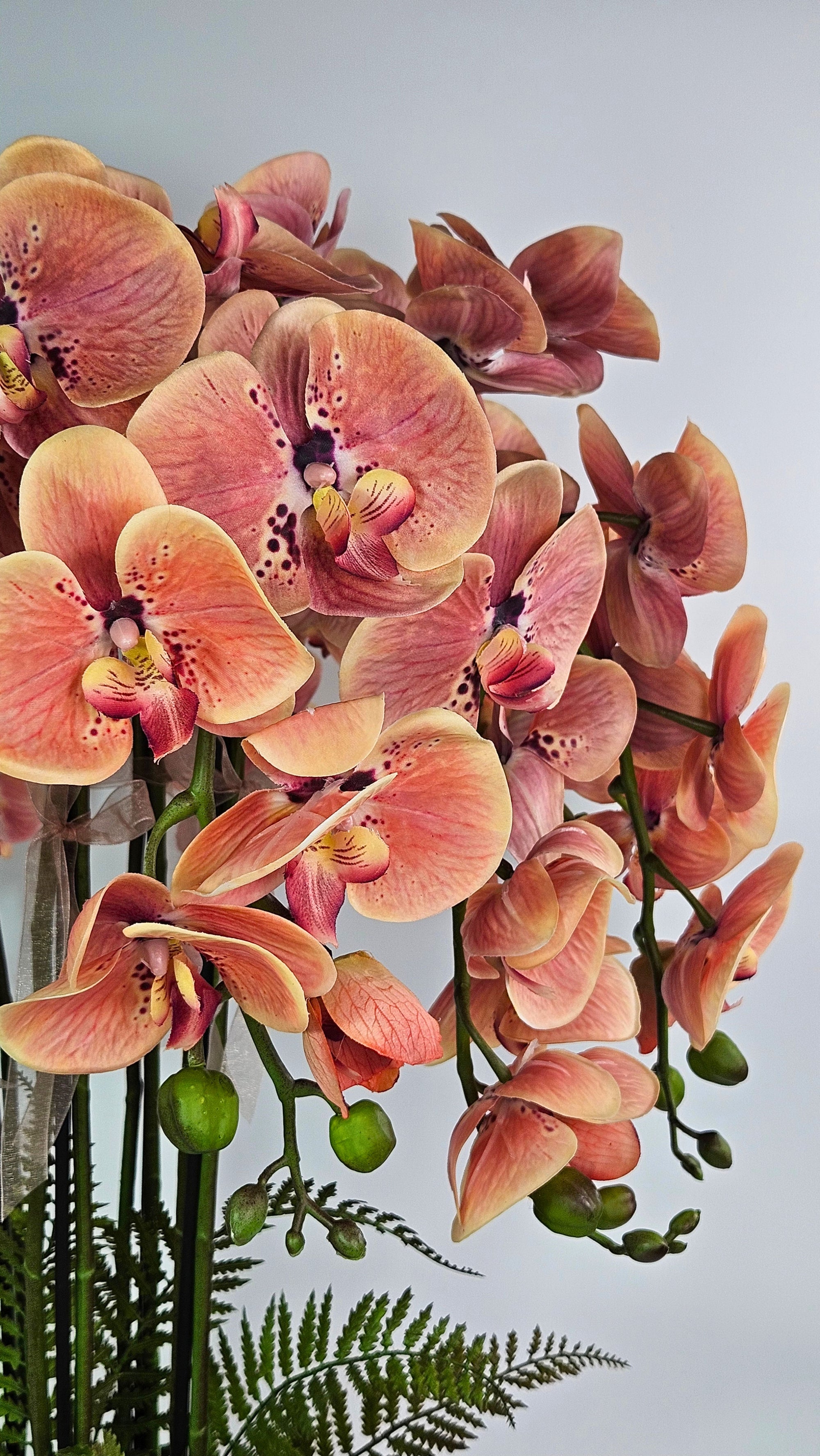 Luxury Real Touch Burnt Orange Orchid in Antique Golden Brown Ceramic Planter