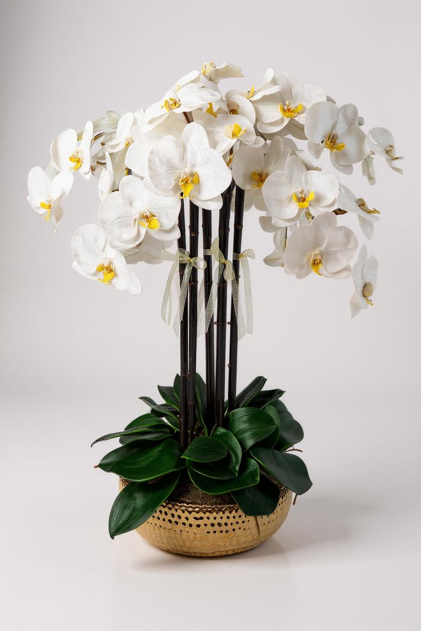 Luxury Full Bloom Highly Realistic White Orchid in Shiny Gold Porcelain Planter